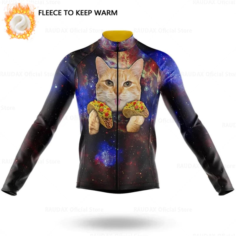 Cartoon Cat Winter Cycling Jersey Men Thermal Fleece Long Sleeve Race Sweatshirt MTB Cycling Clothing Ropa Ciclismo Bike Jacket