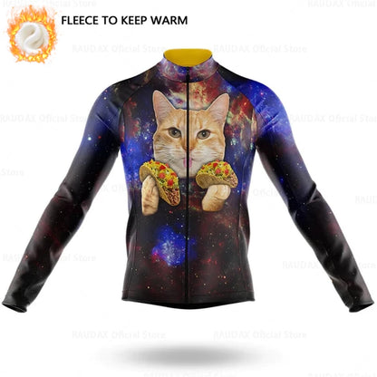 Cartoon Cat Winter Cycling Jersey Men Thermal Fleece Long Sleeve Race Sweatshirt MTB Cycling Clothing Ropa Ciclismo Bike Jacket
