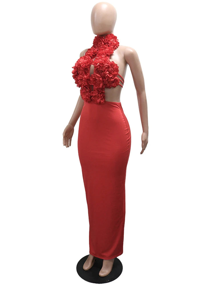Beyprern Beautiful Off Shoulder 3D Flowers Bandage Maxi Dress For Women Glam Backless Fitted Party Dresses Gown Brithday Outfits