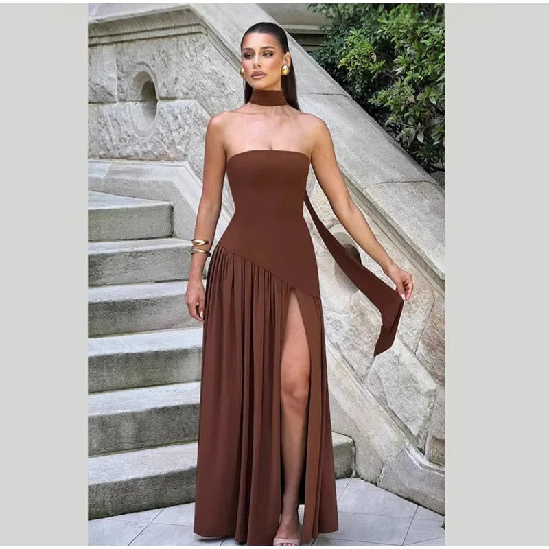 Elegant Off-shoulder Strapless Yellow Long Dresses 2025 Summer Party Dress Women Pleat Scarf Neck Holiday Evening Lady Vestidos
