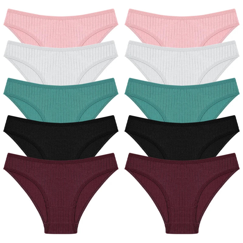 FINETOO 10PCS Women's Cotton Panties Sexy Breathable Underwear Female Solid Comfortable Lingerie Striped Briefs Wholesale M-XL