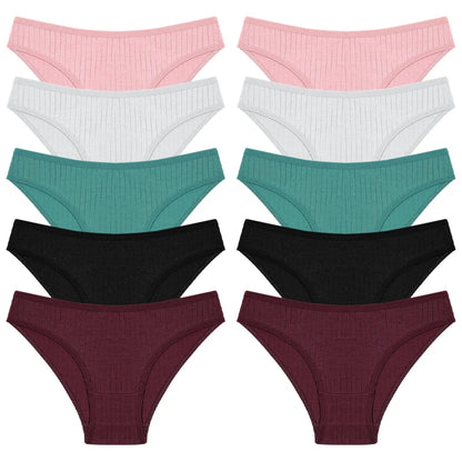 FINETOO 10PCS Women's Cotton Panties Sexy Breathable Underwear Female Solid Comfortable Lingerie Striped Briefs Wholesale M-XL
