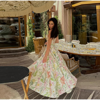 Women Elegant Printed Halter Long Sling Dress Sexy V-neck Sleeveless High Waist Slim A-line Dresses Lady Evening Party Dress