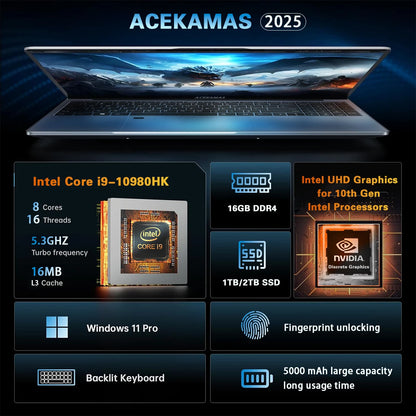 ACEKAMAS 15.6" Laptop Gaming intel Core i9 10980HK IPS Windows 11 Pro Laptop Computer 16GB DDR4 1TB SSD M.2 4K Notebook Gamer PC