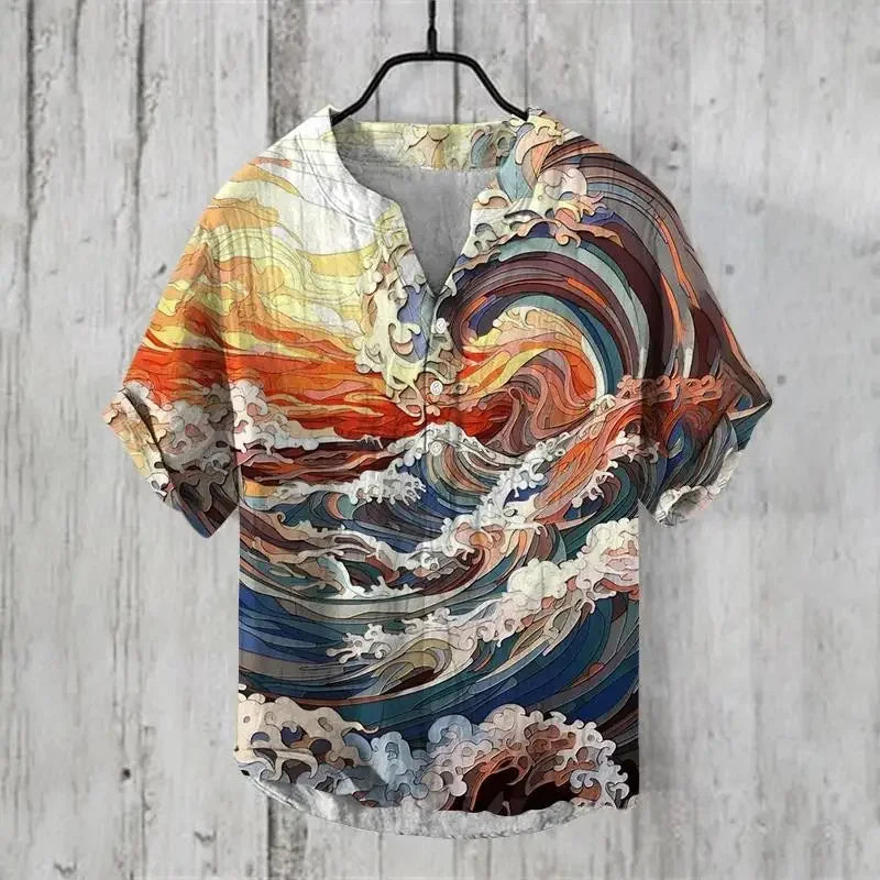 2025 New Hawaiian Fashion Short Sleeve Shirt 3D Printed Bamboo Linen Casual Loose Pullover Button Men's Shirt S-5XL