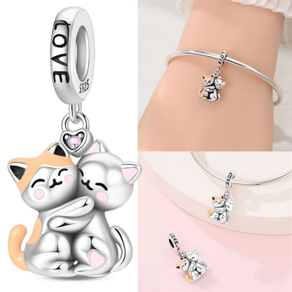 Cute Cat Hug Charms 925 Sterling Silver Pet Embracing Design Pendant Fit Original Charm Bracelets Women DIY Jewelry Gift