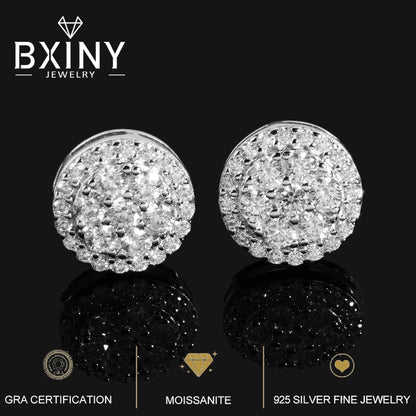 BXINY GRA Certified Full Moissanite Earrings 100% S925 Silver 18K Gold Plated Round Ear Studs for Women Men Hiphop Gifts Jewelry