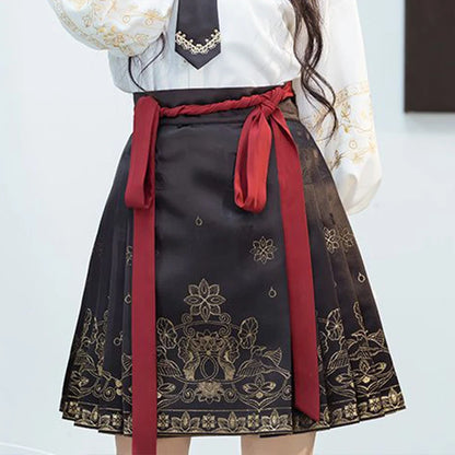 2023 Spring Summer New Fashion Printing High Waist Strap A-line Skirt Women High Street Chinese Style Loose Casual Pleated Skirt