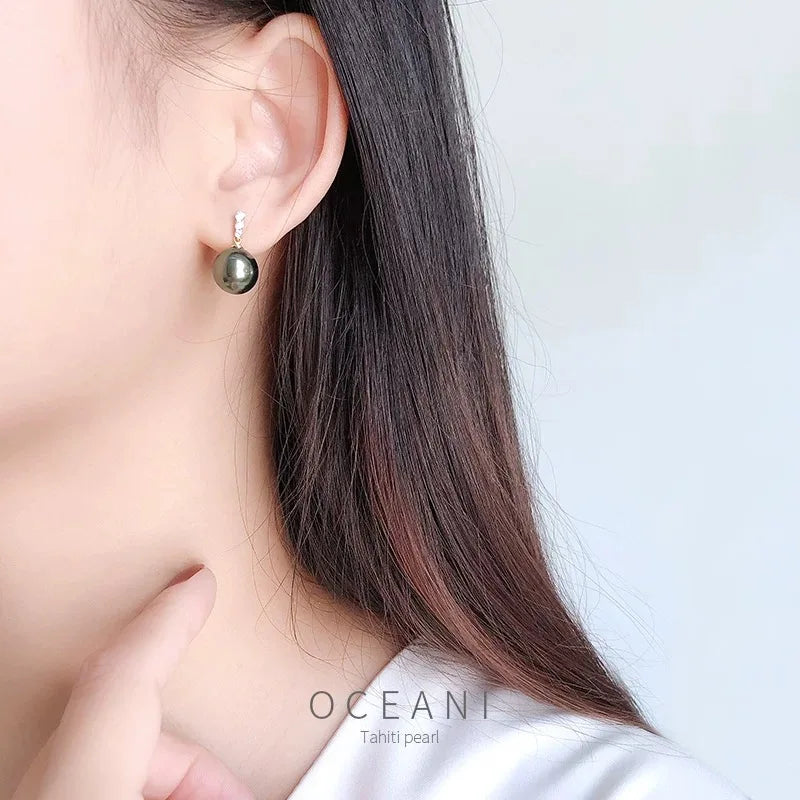 18K Yellow Gold Tahiti Pearl Drop Earrings For Women,Big Natural Black Pearl Earrings AU750 Wedding Gift Girl