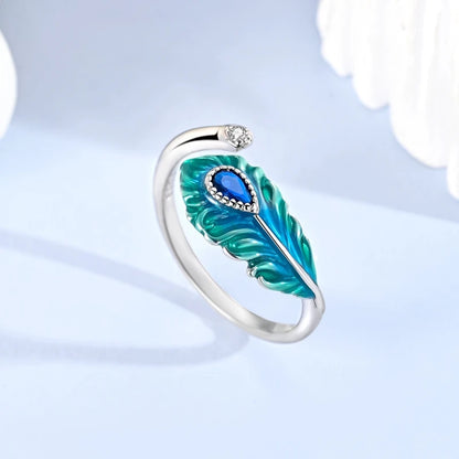 Original 925 Sterling Silver Malachite Green Open Ring Peacock Feather Adjustable Ring For Women Gift