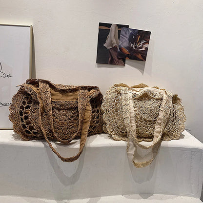 Bohemian Straw Bags for Women Circle Beach Handbags Summer Rattan Shoulder Bags Handmade Knitted Travel Big Totes Bag New