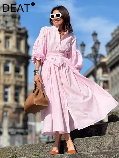 DEAT 2025 new autumn fashion clothing stand collar three quarter sleeves pleated waist belt long dress cotton vestido