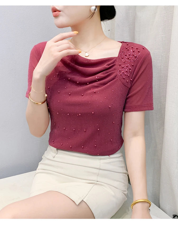 Korean Fashion Hot Diamond T Shirt Summer Casual Skew Neck Mesh Tops Beaded Short Sleeve Women Tees