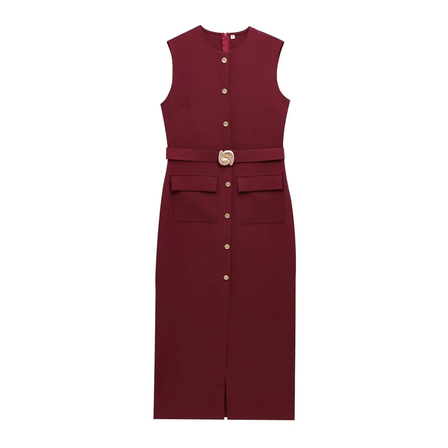 MUJER 2025 Women's Dress Summer Sleeveless Midi Dress Woman Red Black Office Long Dresses for Women Chic Belt Button Dress Women