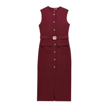 MUJER 2025 Women's Dress Summer Sleeveless Midi Dress Woman Red Black Office Long Dresses for Women Chic Belt Button Dress Women