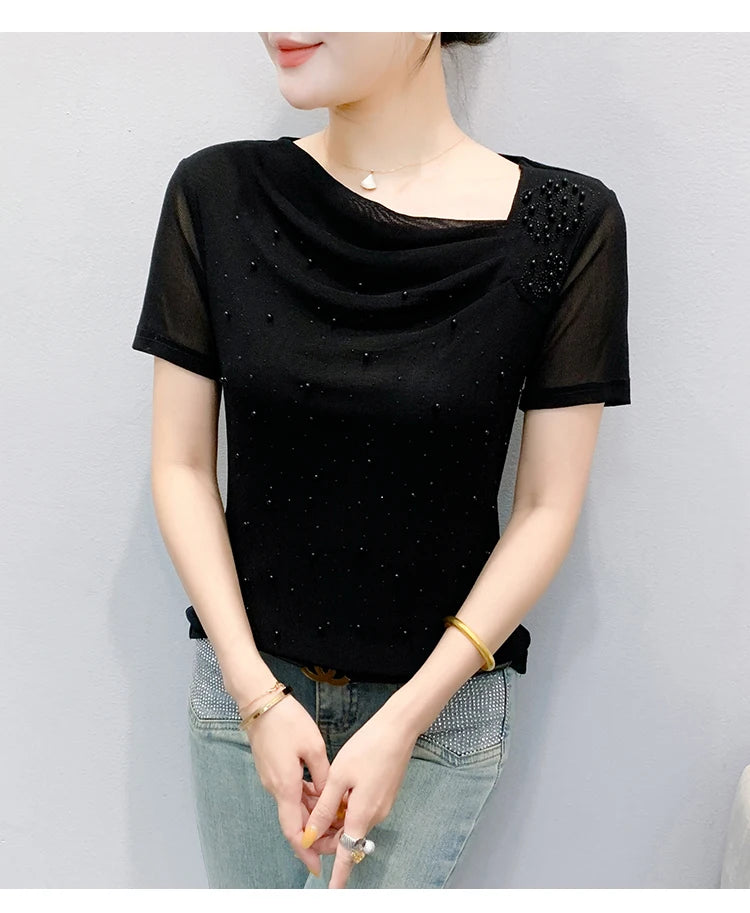 Korean Fashion Hot Diamond T Shirt Summer Casual Skew Neck Mesh Tops Beaded Short Sleeve Women Tees