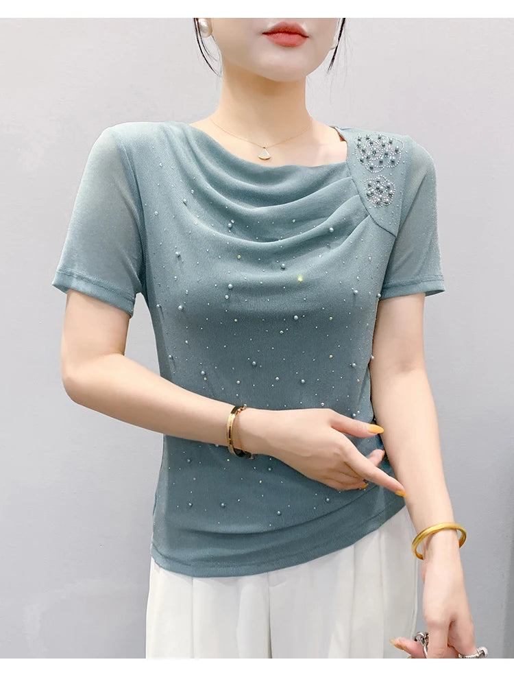 Korean Fashion Hot Diamond T Shirt Summer Casual Skew Neck Mesh Tops Beaded Short Sleeve Women Tees