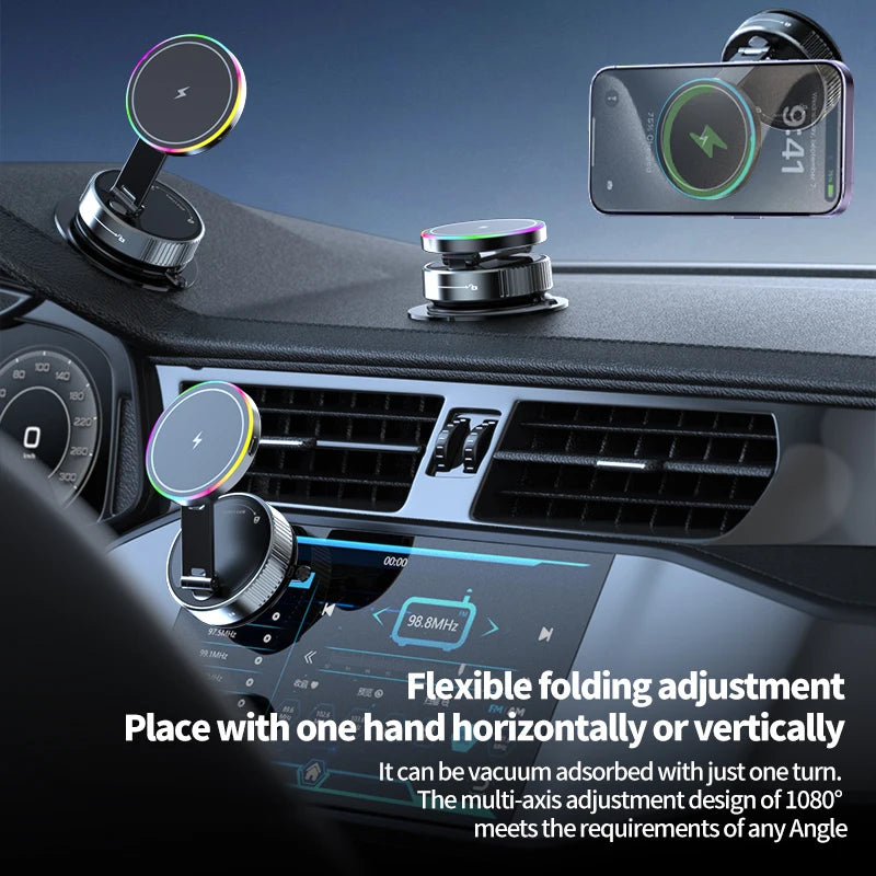 15W Vacuum Suction Cooling Magnetic Wireless Charger Car Phone Holder Mount 360 Rotatable Compatible with Smartphones for iPhone