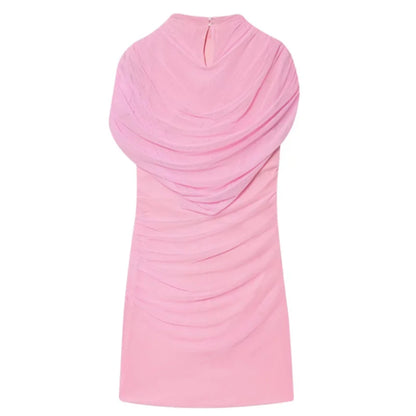 Elegant Mesh Shawl Short Dress Women Pleated Half High Collar Sleeveless Female Dresses 2026 Spring Lady Chic Party Gowns New