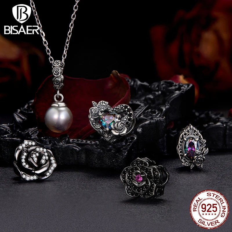 BISAER 925 Sterling Silver Vintage Dark Rose Charm Bead Black Rose Pendant for Women DIY Bracelet & Necklace Fine Jewelry