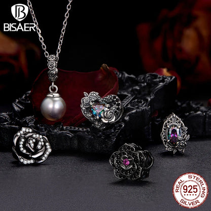 BISAER 925 Sterling Silver Vintage Dark Rose Charm Bead Black Rose Pendant for Women DIY Bracelet & Necklace Fine Jewelry