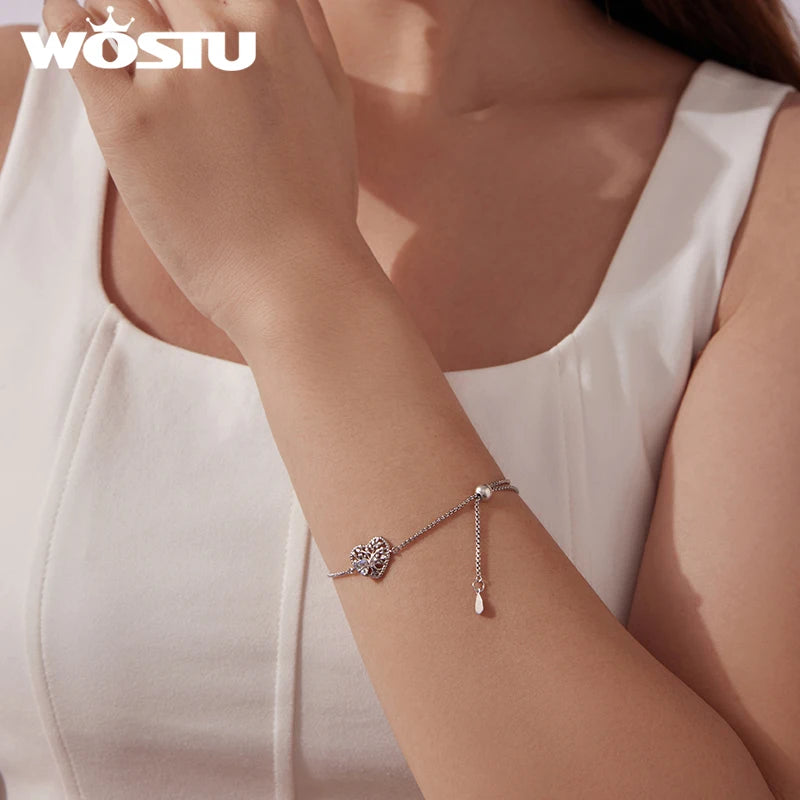 WOSTU 925 Silver Heart Shaped Tree of Life Pendant with Moonstone, Adjustable Chain Links for Women Valentine's Day Xmas Gift