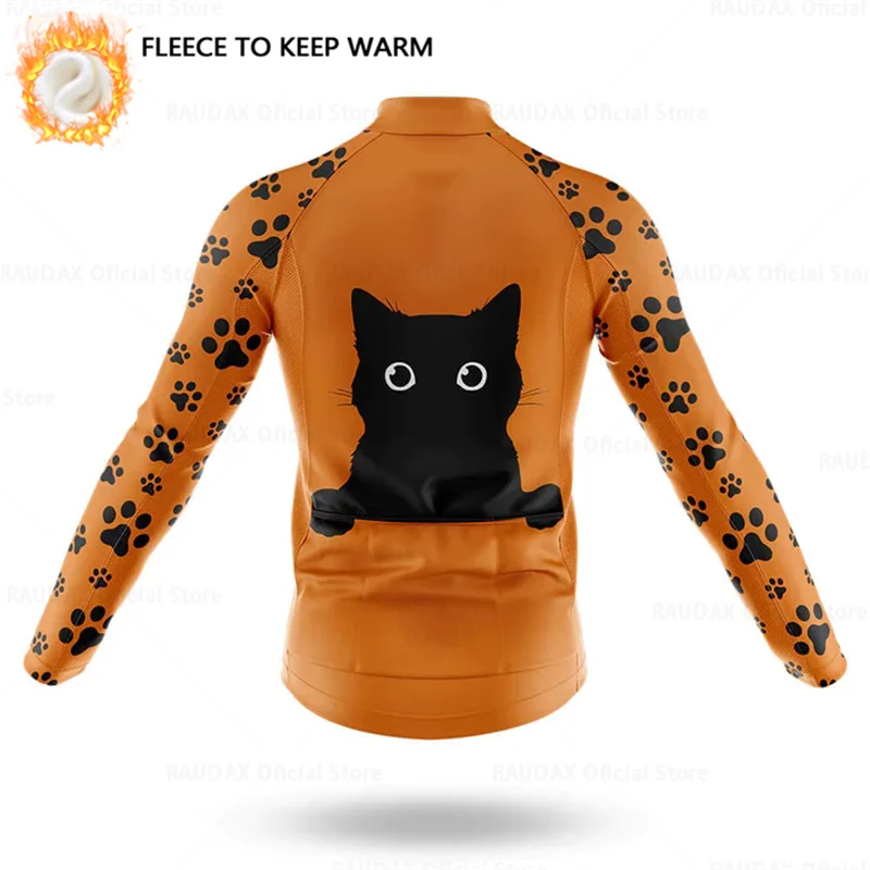 Cartoon Cat Winter Cycling Jersey Men Thermal Fleece Long Sleeve Race Sweatshirt MTB Cycling Clothing Ropa Ciclismo Bike Jacket