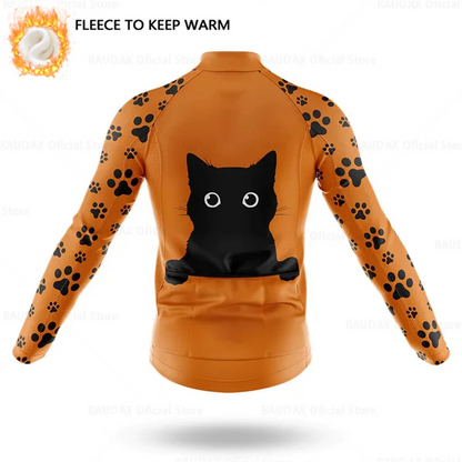 Cartoon Cat Winter Cycling Jersey Men Thermal Fleece Long Sleeve Race Sweatshirt MTB Cycling Clothing Ropa Ciclismo Bike Jacket