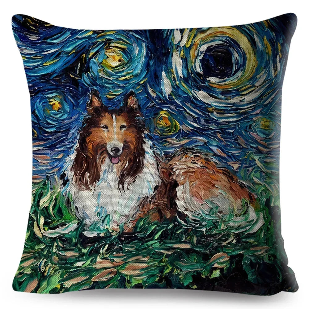 Both Sided Starry Sky Dog Cushion Cover Decor Oil Painting Cartoon Pet Animal Pillow Case for Sofa Home  Linen Pillowcase