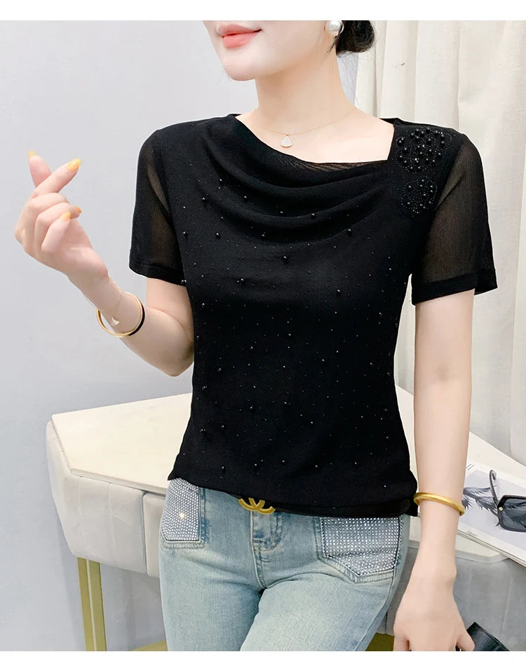 Korean Fashion Hot Diamond T Shirt Summer Casual Skew Neck Mesh Tops Beaded Short Sleeve Women Tees