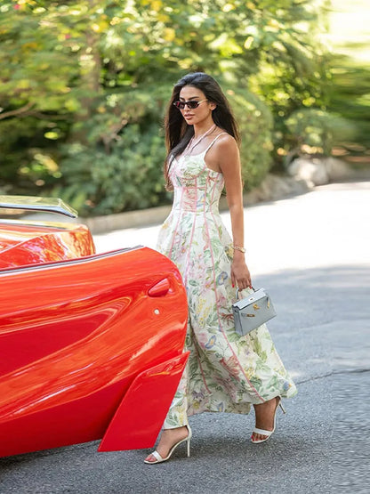 Women Elegant Printed Halter Long Sling Dress Sexy V-neck Sleeveless High Waist Slim A-line Dresses Lady Evening Party Dress