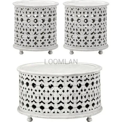 Tyrenna Hand Carved White Accent Table