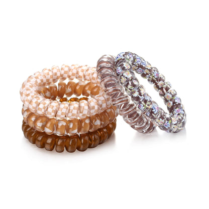 Wingoden 5Pcs Spiral Hair Ties No Damage Plastic Hair Ties for Thick Hair Coil Hair Ties for Women No Crease Ponytail Holders Hair Elastics Phone Cord Hair Ties Brown Set