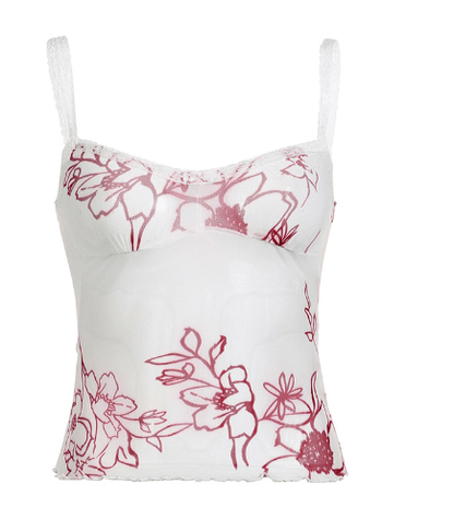 Women's Mesh Plant Print Low-cut Halter Tank Top