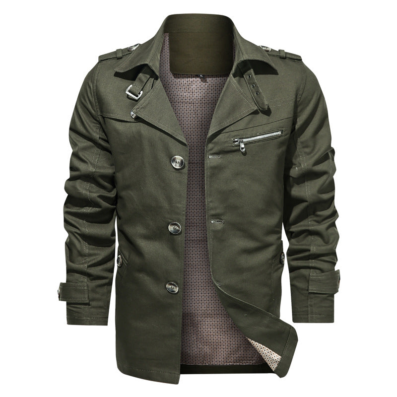 Mid-Length Casual Jacket for Men with Cotton Lapel