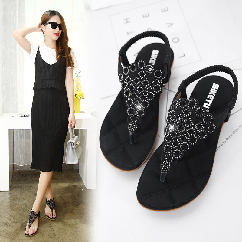 Embroidered Rhinestone Flat Sandals for Women