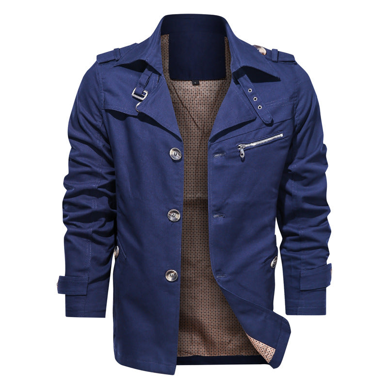 Mid-Length Casual Jacket for Men with Cotton Lapel