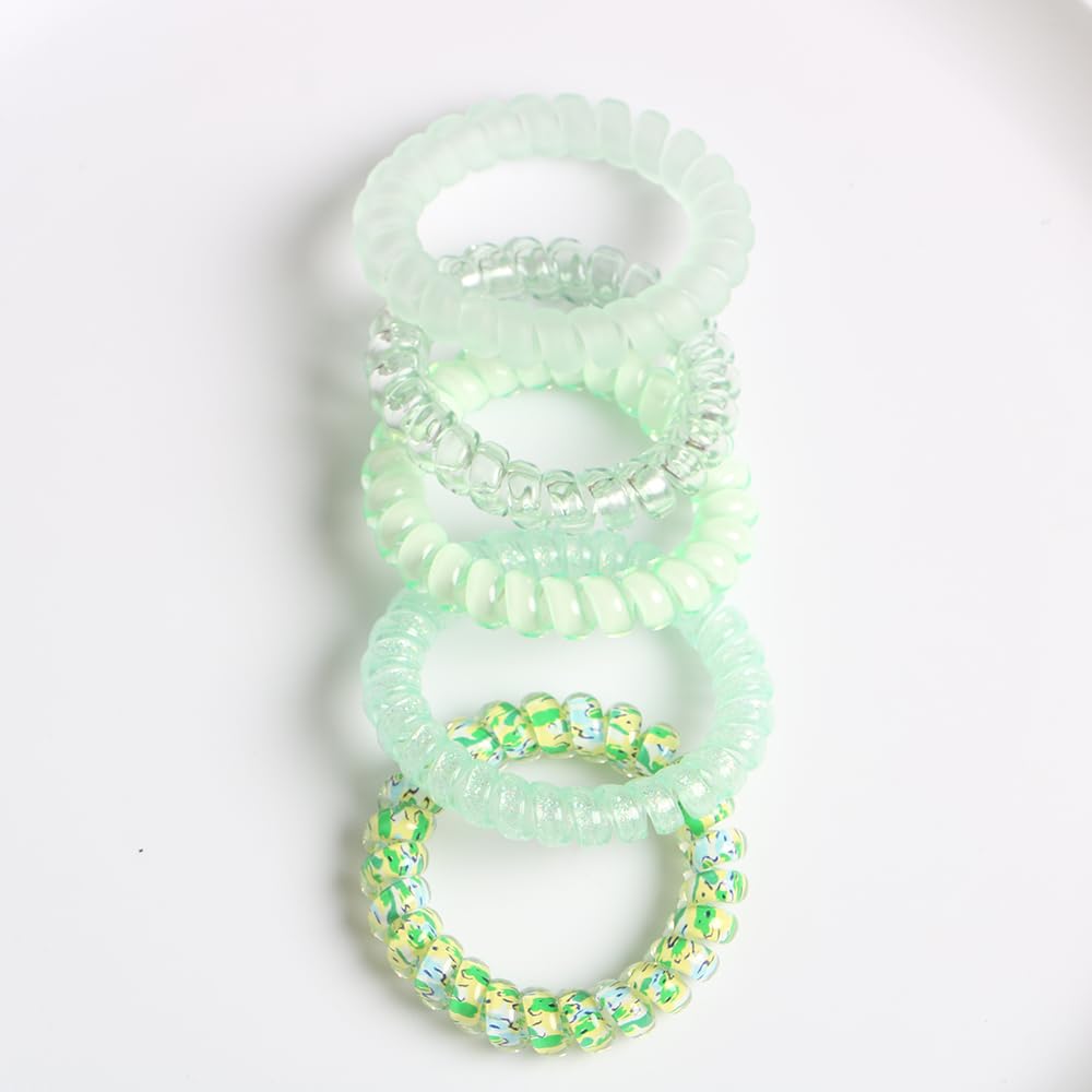 Spiral Coil Elastic Hair Ties Pack for Women & Girls - No Damage No Crease Telephone Wire Cord for Thick & Thin Hair (Green)