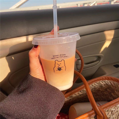 Kawaii Plastic Water Bottle with Lid and Straw