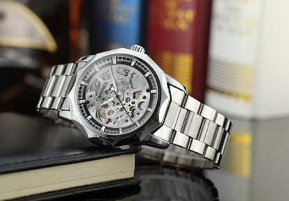 Men's Gold Skeleton Automatic Mechanical Watch (Steel Band)
