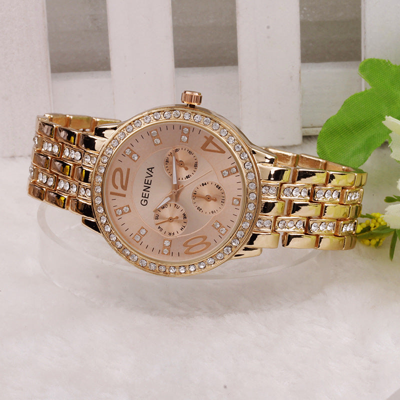 Fashionable Steel Band Watch with Diamonds and Luminous Features