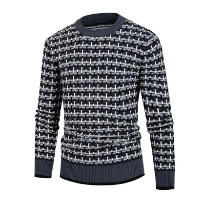 Solid Plaid Round Neck Pullover Sweater for Men