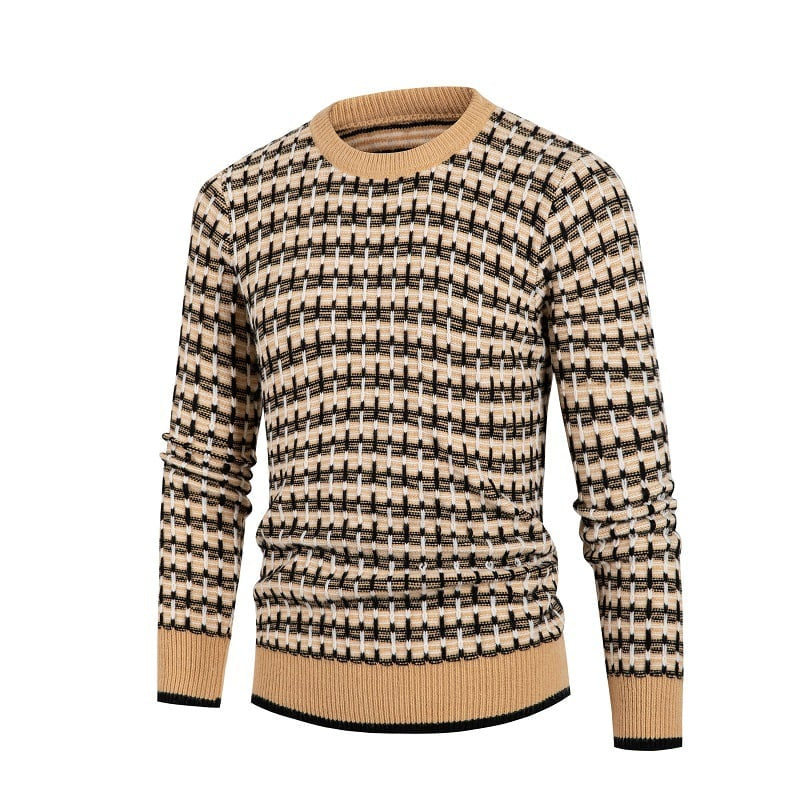 Solid Plaid Round Neck Pullover Sweater for Men