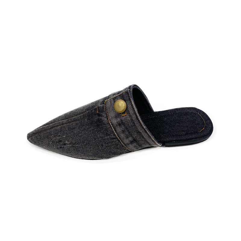 Women's Pointed Toe Denim Mules Flat Slippers