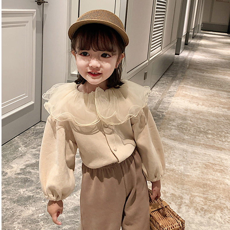Cute Girls Cardigan Jacket with Lace Lapel for Autumn