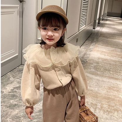 Cute Girls Cardigan Jacket with Lace Lapel for Autumn