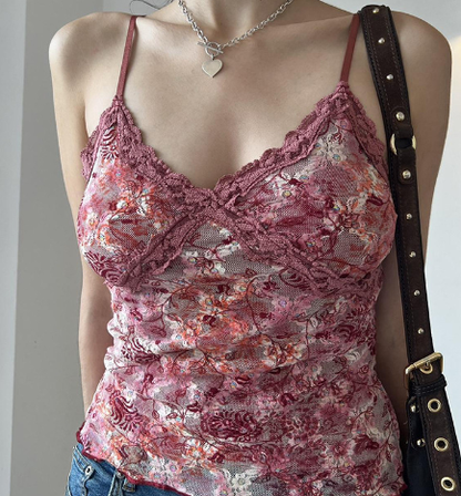 Women's Mesh Plant Print Low-Cut Lace Tank Top