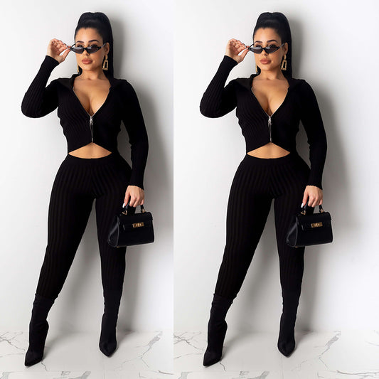 Hooded Ribbed Zip Two-Piece Club Outfit