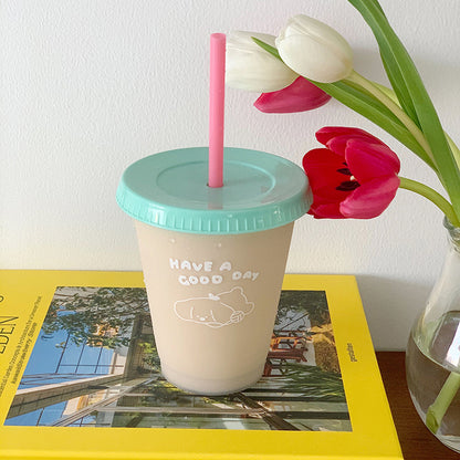 Kawaii Plastic Water Bottle with Lid and Straw