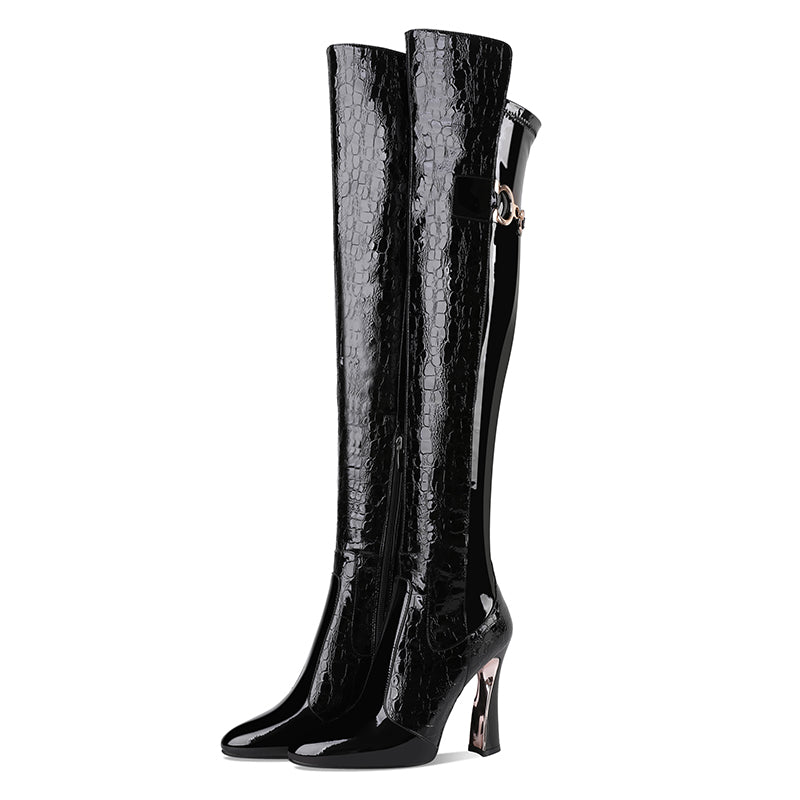 Knee-High Platform Pointed High Heeled Leather Boots